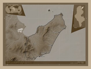 Nabeul, Tunisia. Sepia. Labelled points of cities