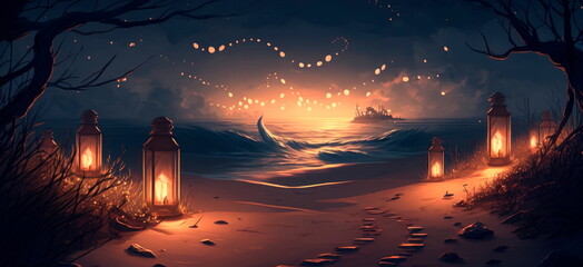 Peaceful evening on the beach with fairy lights and decorative candles  Generative AI