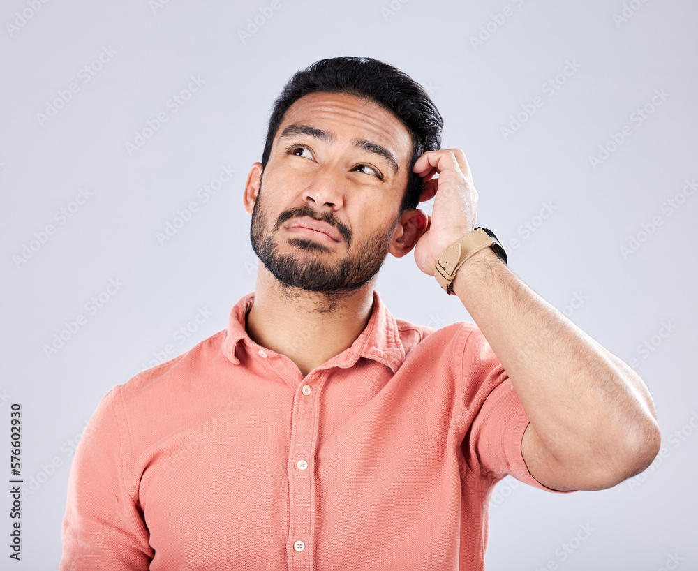 Aufkleber confused, thinking and asian man with gesture for an idea isolated on a grey studio background. doub