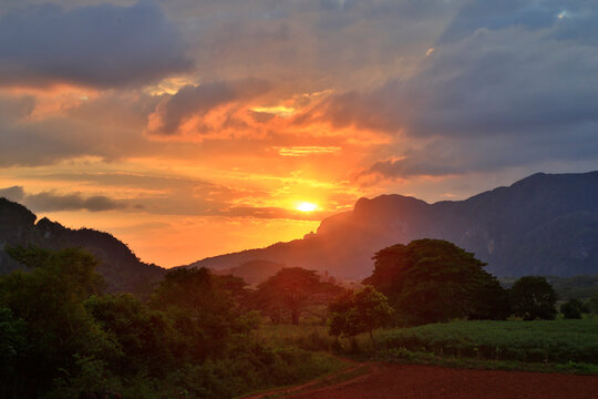 Sunset over tobacco fincas plantations in Vinales valley, western Cuba