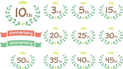 ポップな周年イラスト　月桂樹と王冠とリボンのマーク　アイコンセット