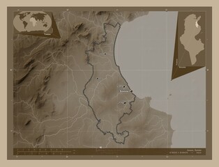 Sousse, Tunisia. Sepia. Labelled points of cities