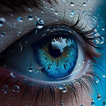 Blue Eye Close-up with rain drops 