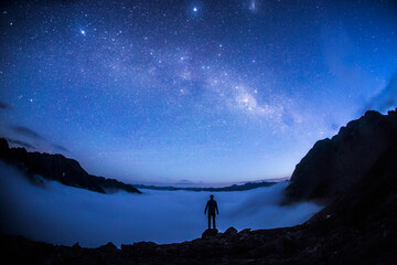 Silhouette Of A Person Exploring Landscape Under Starry Sky