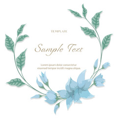 Blue flowers wreath floral wallpaper template background bouquet. Botanical flower and tropical leaf branch can be used for printing, greeting, wedding anniversary. Vector invitation card concept.