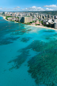 Helicopter overview of ocean in front of Waikiki