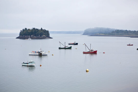 The Eastport, Maine fishing fleet stands at anchor. Eastport is the eastern most harbor in the United States.