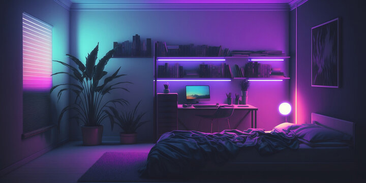 Interior of a futuristic luxury bedroom with bed, neon lighting, led tv on the wall, and impressive ceiling design. Generative Ai.