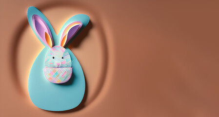 Obraz premium Happy Easter! A cute Easter bunny in the shape of an Easter egg cut out of paper / Craft / Papercut style / Brown red white neutral background / Space for text / Simple and stylish / Wallpaper Banner