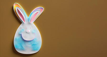 Happy Easter! A cute Easter bunny in the shape of an Easter egg cut out of paper / Craft / Papercut style / Brown white neutral background / Space for text / Simple and stylish / Wallpaper Banner
