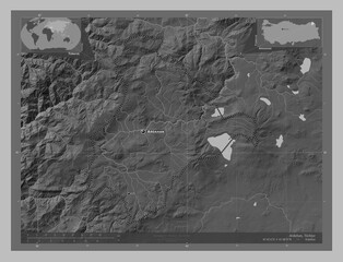 Ardahan, Turkiye. Grayscale. Labelled points of cities