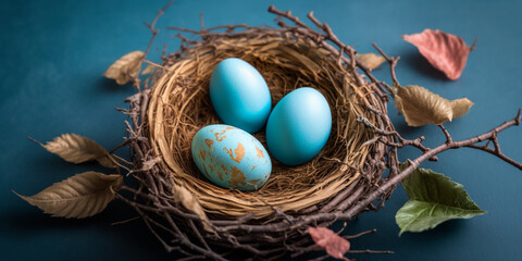 Easter eggs in a nest on a blue background created with ai generative technology