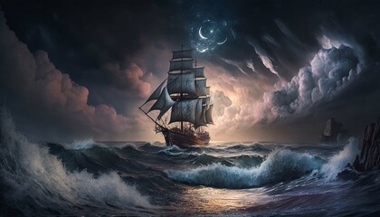 Landscape of a storm in the sea. Dramatically ominous sky with moon. A large sailboat on huge waves. Generative AI - obrazy, fototapety, plakaty