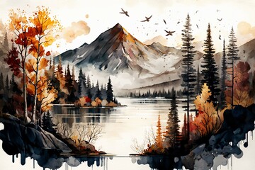 Watercolor landscape with mountains, forest and river in front. beautiful landscape. Generative AI - obrazy, fototapety, plakaty