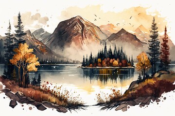 Watercolor landscape with mountains, forest and river in front. beautiful landscape. Generative AI