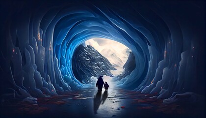 Fantastic Ice tunnel. Picture of many connecting tunnels in the north under thick ice. Generative AI.