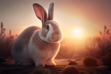 Easter bunny in the field cinematic light. Place for text. Generative AI