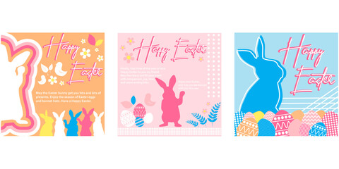 Happy Easter greeting cards or posters with bunny, spring flowers and Easter egg