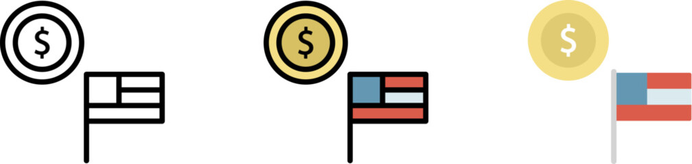 Coins money USA flag vector icon in different styles. Line, color, filled outline