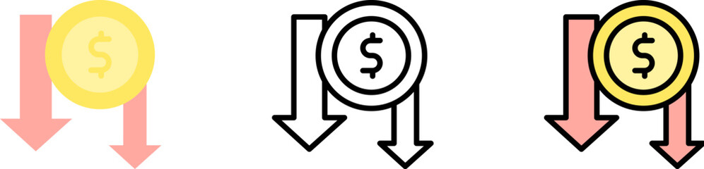 Obraz premium arrow down coin dollar vector icon in different styles. Line, color, filled outline