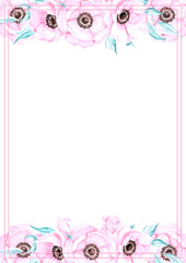 Hand drawn watercolor pink anemone flower card. Isolated on white background. Scrapbook, post card, banner, lable.