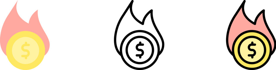 coin dollar fire vector icon in different styles. Line, color, filled outline