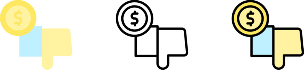 hand coin dislike dollar vector icon in different styles. Line, color, filled outline