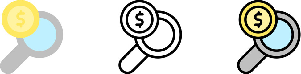 magnifier dollar coin vector icon in different styles. Line, color, filled outline