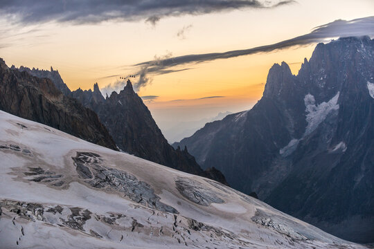 Scenery of mountains of French Alps at sunrise, Valle Blanche, Haute-Savoie, France