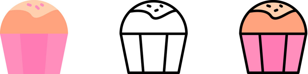 Cupcake cake outline color vector icon in different styles. Line, color, filled outline