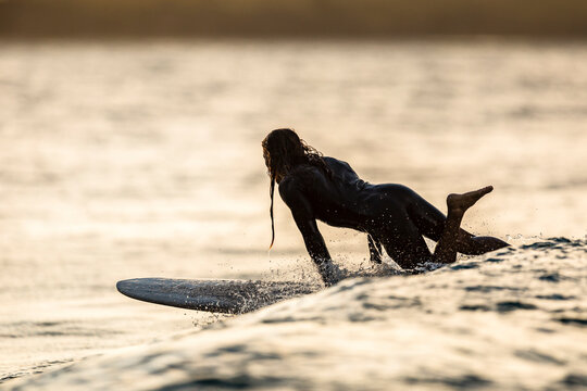 Man surfing at sunset at T-Tree Point, Noosa National Park, Noosa Heads, Queensland, Australia