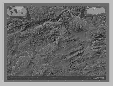 Corum, Turkiye. Grayscale. Labelled points of cities