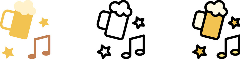 Beer, music, party vector icon in different styles. Line, color, filled outline
