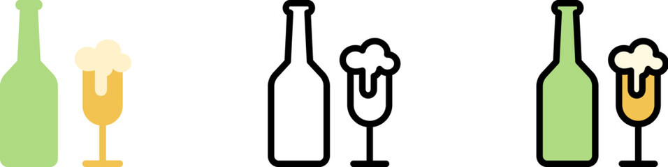 Beer bottle, goblet vector icon in different styles. Line, color, filled outline