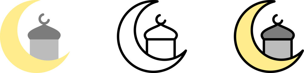 Moon mosque Ramadan vector icon in different styles. Line, color, filled outline