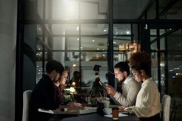 Creative business people, meeting and planning at night with technology working on project...