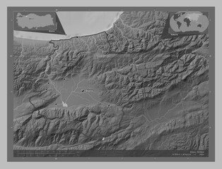 Duzce, Turkiye. Grayscale. Labelled points of cities