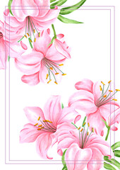 Hand drawn watercolor pink lily flowers bouquet. Isolated on white background. Scrapbook, post card, banner, lable, poster.