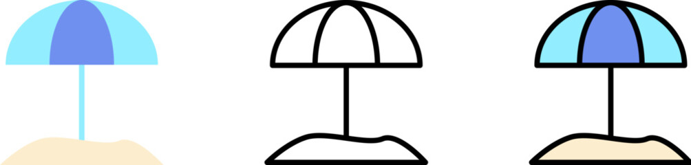 Umbrella, sand vector icon in different styles. Line, color, filled outline