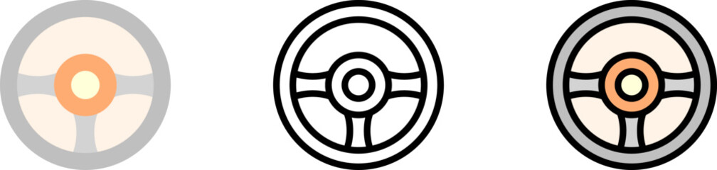 Steering wheel vector icon in different styles. Line, color, filled outline
