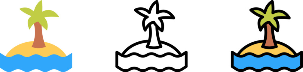 Island, palm, ocean vector icon in different styles. Line, color, filled outline