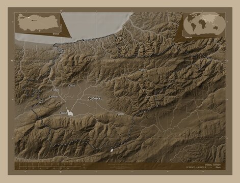 Duzce, Turkiye. Sepia. Labelled points of cities