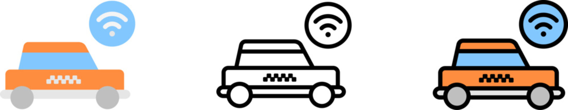 Taxi, Car, Accepted Vector Icon In Different Styles. Line, Color, Filled Outline