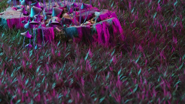 Tilt-up toward purple hallucinogenic mushrooms (Psilocybe cubensis); 3D render