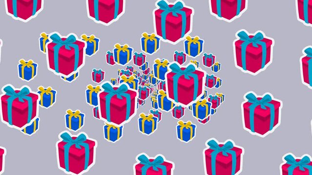 Gift boxes filled with toy with scroll pattern on green background - animation