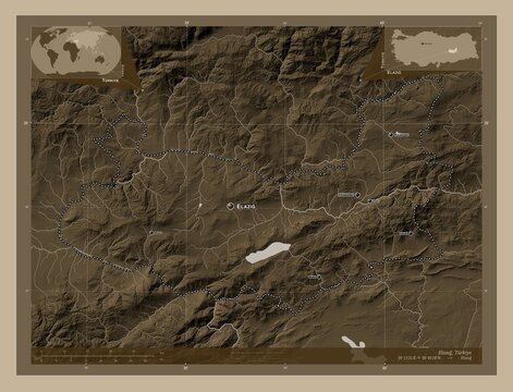 Elazg, Turkiye. Sepia. Labelled points of cities