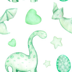 Watercolor Seamless Pattern With Cute Dinosaurs