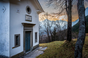 Chiusaforte and the little church of Raunis seen from above. Friuli