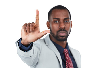 An assertive or a positive young afro american businessman or entrepreneur giving a review and feedback and shows the gesture of an L sign isolated on a png background.