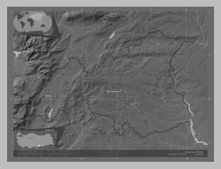 Gaziantep, Turkiye. Grayscale. Labelled points of cities